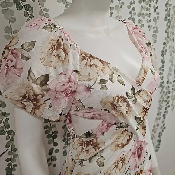 NWOT Asos puff sleeve mesh ruched wrap around pephem midi dress in soft floral p - Picture 4 of 10